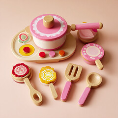 A charming set of pink and natural wood toy kitchen cooking utensils and pots for imaginative pretend play for children