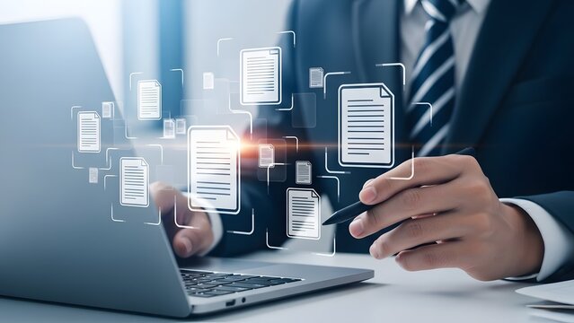 Businessman analyzing data on laptop with digital cityscape overlay