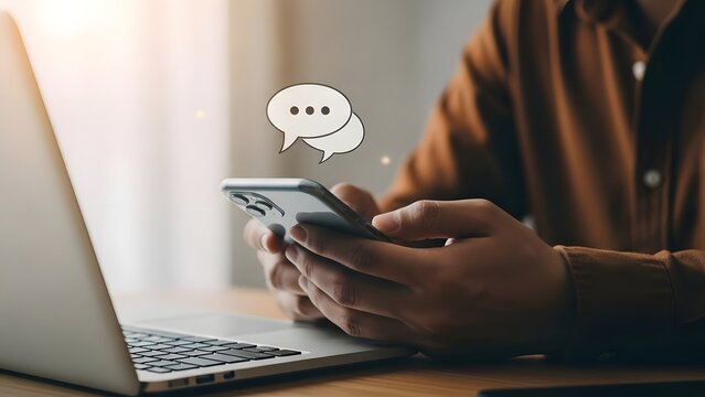 Man using smartphone with speech bubble icon digital communication concept