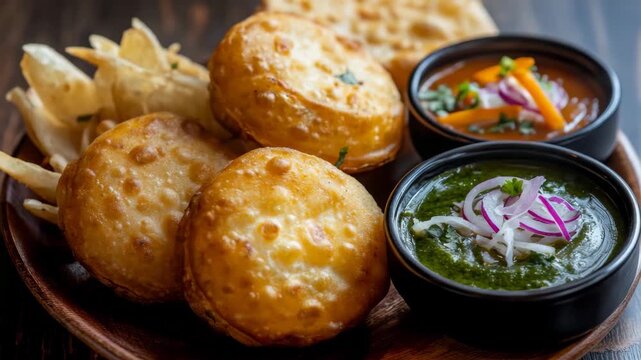 Indian fried puff snack with chutneys 