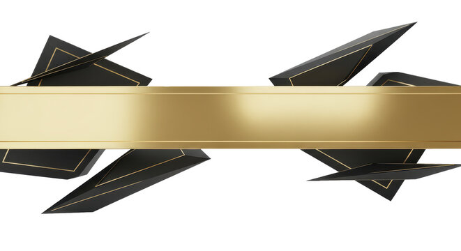 Elegant golden banner with dynamic black geometric shapes, forming a sophisticated and modern graphic design element isolated on white for versatile visual applications
