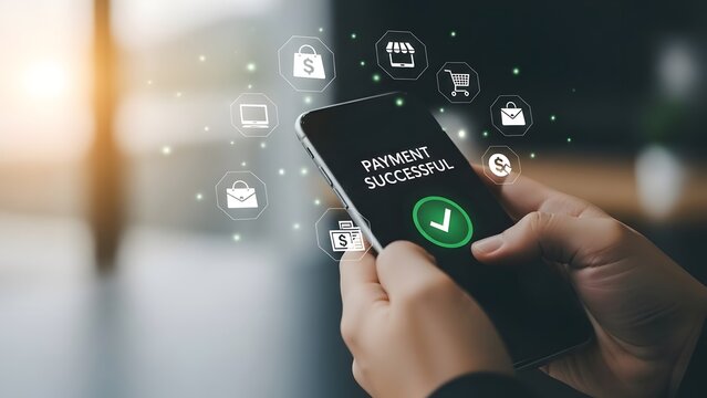 Mobile payment success confirmation with green checkmark and floating icons