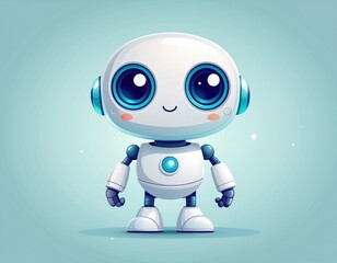 Fototapeta premium Cute Robot Character with Big Eyes in Cartoon Style on Light Blue Background