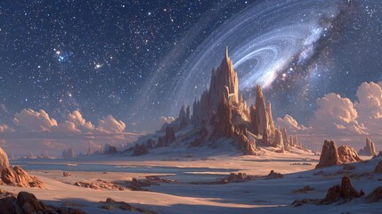 Epic Fantasy Castle Under a Swirling Galaxy.