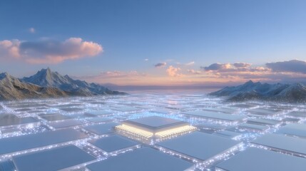 Futuristic Digital Landscape with Glowing Platform and Mountain Scenery.