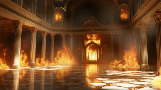 Burning royal palace interior scene