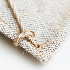 Closeup of natural woven fabric corner tied with a piece of rustic jute twine, showing texture and detail