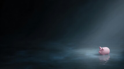 piggy bank floating in dark murky water, symbolizing debt and financial struggle, conceptual illustration