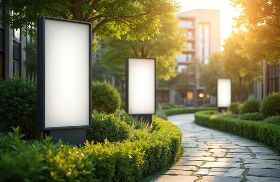 Three blank vertical billboards stand along winding stone path in modern garden area. Green hedges, trees line walkway. Sunlight shines through leaves, illuminating serene residential park space, - Powered by Adobe