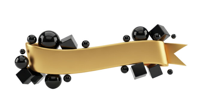 Modern 3D render of a blank gold ribbon banner with floating black geometric cubes and spheres for text placement. Isolated abstract design element