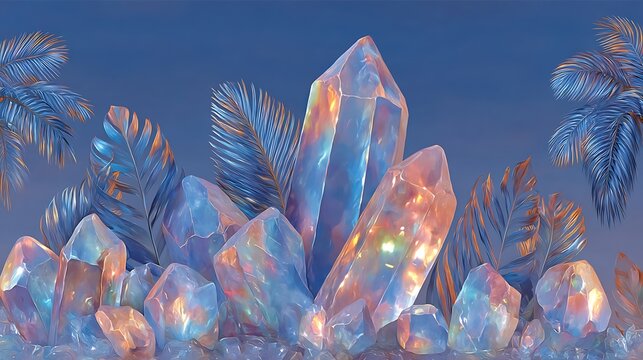 Iridescent Crystal Cluster with Frosted Foliage.