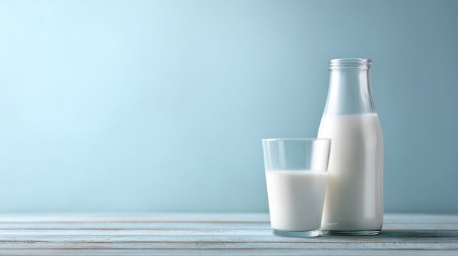 glass and bottle of milk on wooden table, light blue background, fresh and clean composition - Powered by Adobe