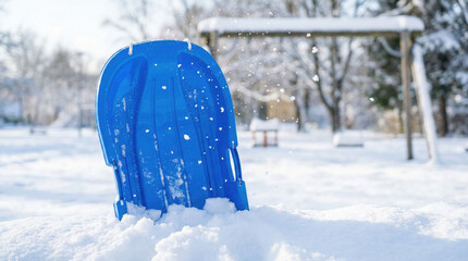 Blue Sled in Fresh Snow on a Bright Winter Day with Falling Snowflakes