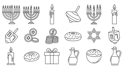 Celebrate Hanukkah with festive line art featuring menorahs dreidels donuts and more holiday icons for Jewish traditions and happy celebrations, Generative AI.