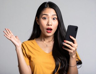 Naklejka premium Surprised young Asian woman with wide eyes holding smartphone and raising hand in shocked expression against gray background