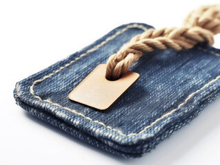 Closeup of a denim clothing tag attached with a thick braided rope and a small leather piece, isolated on white background