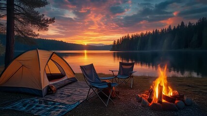 Sunset paints a tranquil lakeside campsite with a cozy tent, comfortable chairs, and a crackling campfire, reflecting nature's beauty and comfortable outdoor living - Powered by Adobe