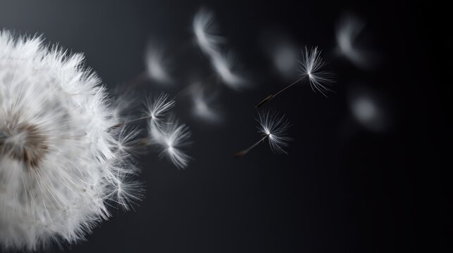 close-up of dandelion dispersing seeds, dark black backdrop, airy and elegant motion - Powered by Adobe
