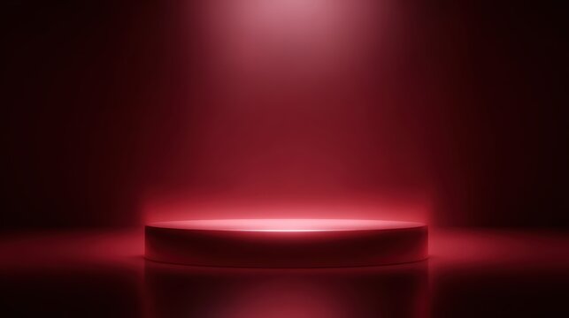 dark red 3D podium with glowing highlights, reflective surface, futuristic and sleek environment