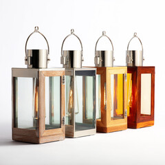 Four modern rectangular wooden and metal lanterns with glass panels and carrying handles displayed in a row against a white background