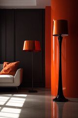 Modern interior design featuring two striking orange lampshades contrasting with dark walls and a textured sofa, creating a bold visual statement