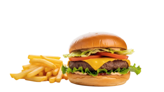 Delicious cheeseburger and french fries isolated on transparent background