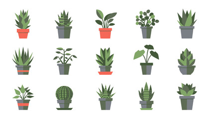 Diverse Collection of Stylized Green Houseplants and Succulents in Pots, Offering Fresh Botanical Elements for Design Projects and Home Decor