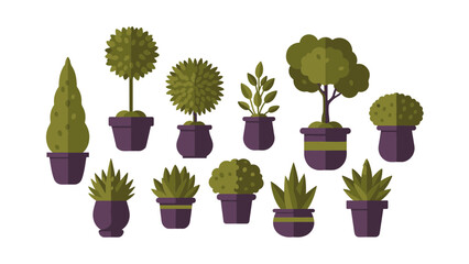 Stylized collection of diverse green potted plants in decorative containers for modern interior design