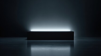 3D rendered dark podium, illuminated with subtle lighting, reflective floor, sleek futuristic scene