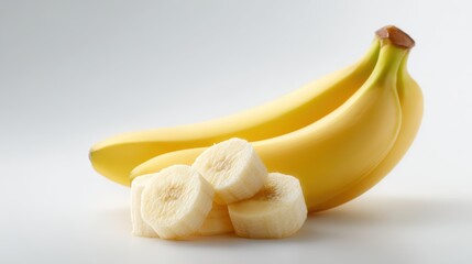 whole ripe banana with several slices in front, minimal white backdrop, high-detail fruit texture, isolated object