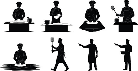 Chef silhouettes preparing dough, rolling, kneading, pointing, holding spatula and bowl, kitchen posture illustration, culinary activity sequence