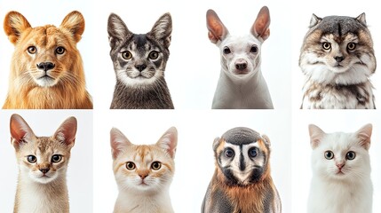 Fototapeta premium A grid of eight animal portraits including cats a dog a lion and an owl against a white background