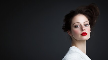 Beautiful woman is posing in studio with red lipstick and white dress against a dark background.