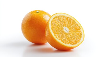 Fototapeta premium oranges with one cut in half, bright and fresh, clean white background, detailed fruit texture