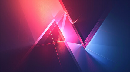 Abstract digital art featuring glowing pink and blue neon geometric shapes creating a dynamic, futuristic triangular composition with strong light effects