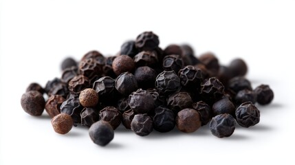 Obraz premium pile of black peppercorns, isolated on white background, detailed and natural texture