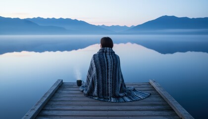 Woman wrapped in warm blanket sitting on wooden lake pier with hot drink, reflecting in calm mountain water, symbol of mindfulness, solitude and winter dawn retreat