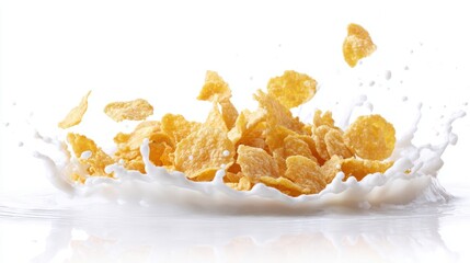 Fototapeta premium crispy corn flakes hit by milk splash, pure white background, sharp edges, commercial food photography