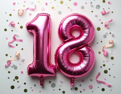 Pink eighteen number balloon lies on white. Confetti and ribbons around. Happy eighteenth birthday party decor with shine foil balloon. Celebration anniversary event invite card. Sweet 18 decorations.