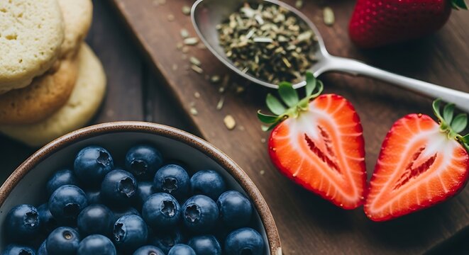 Fresh strawberries blueberries and cookies with herbs on a wooden surface - Powered by Adobe