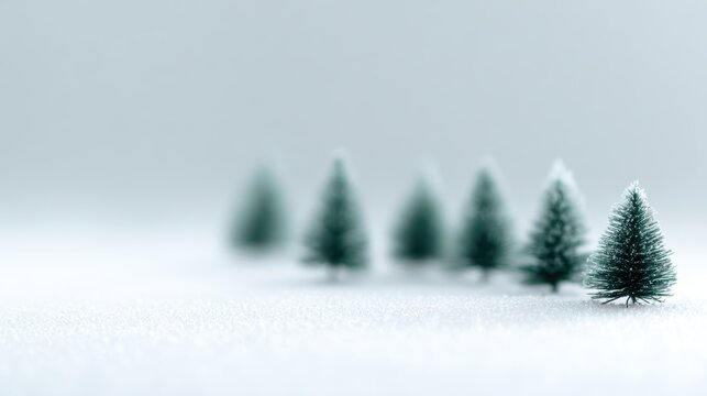 stylish miniature Christmas trees on white snow, minimalist festive scene, Merry Christmas and Happy Holidays, snowy background