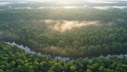A misty forest at sunrise evokes themes of conservation and climate awareness offering possible locations such as Canada Scandinavia Germany