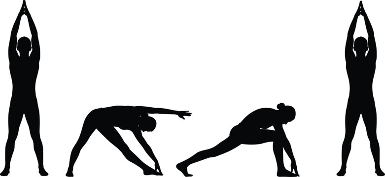 Silhouettes of person performing four stretching exercises, black and white illustration, flexibility and warm-up routine concept, fitness posture study
