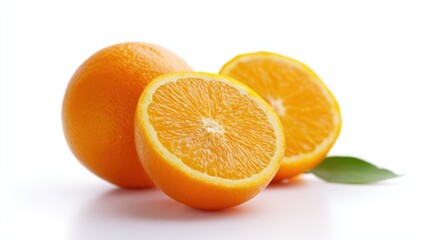 Fototapeta premium fresh oranges with half-cut display, bright color, isolated on white background, realistic detail