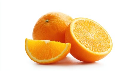 juicy orange fruit, whole and sliced, isolated on white, tropical fresh look