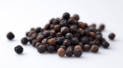 heap of black peppercorns, clean white background, high-detail spice concept