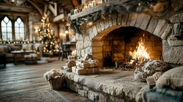 Flames flicker in stone fireplace surrounded by beautifully wrapped presents. Festive decorations enhance warm atmosphere in rustic cabin. Concept of holiday spirit, home comfort, seasonal gatherings