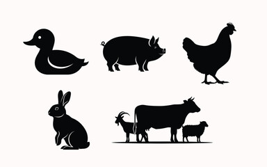 Farm animal silhouettes duck pig chicken rabbit cow goat and sheep