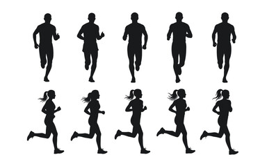 Running silhouettes male and female athletes in motion for fitness and health