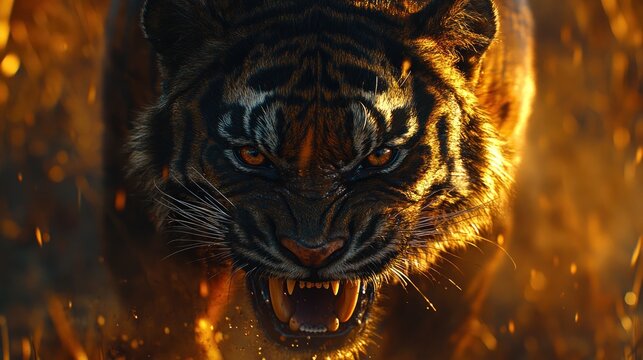 Fierce tiger snarling amidst fire, intense close-up.